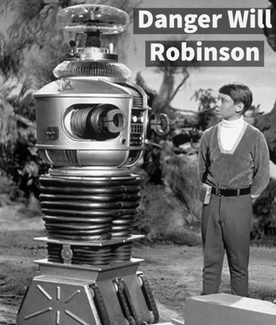 Image shows the robot and the boy from 'Lost in Space' with the caption 'Danger Will Robinson'.