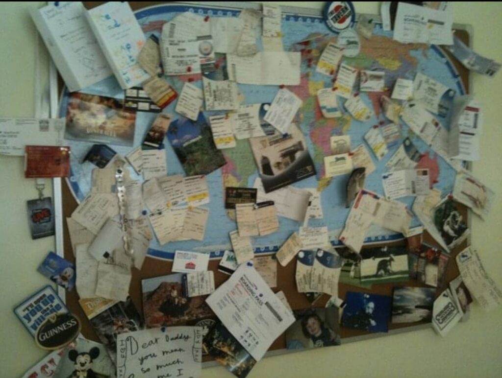 Image shows a world map with pins, plane tickets, and photos